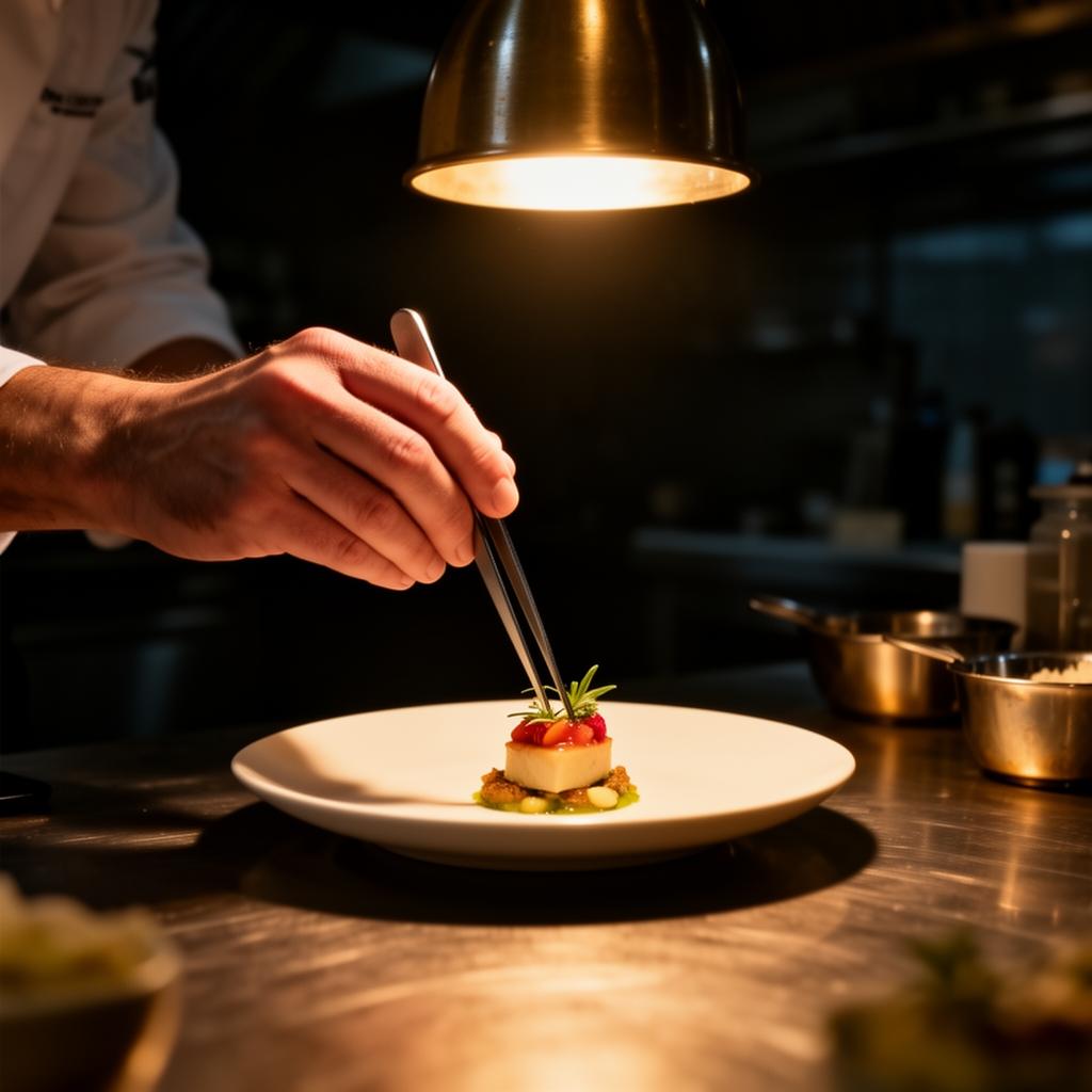 Chef plateert een amuse met een pincet