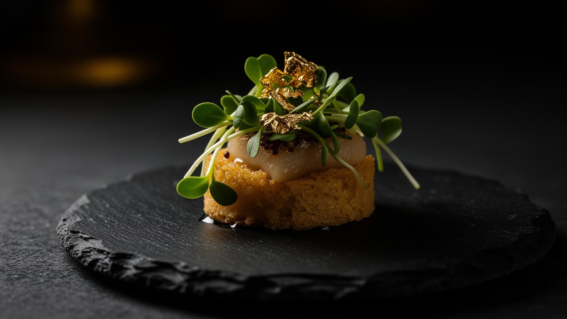 Amuse-bouche met bladgoud op een leisteen plateau